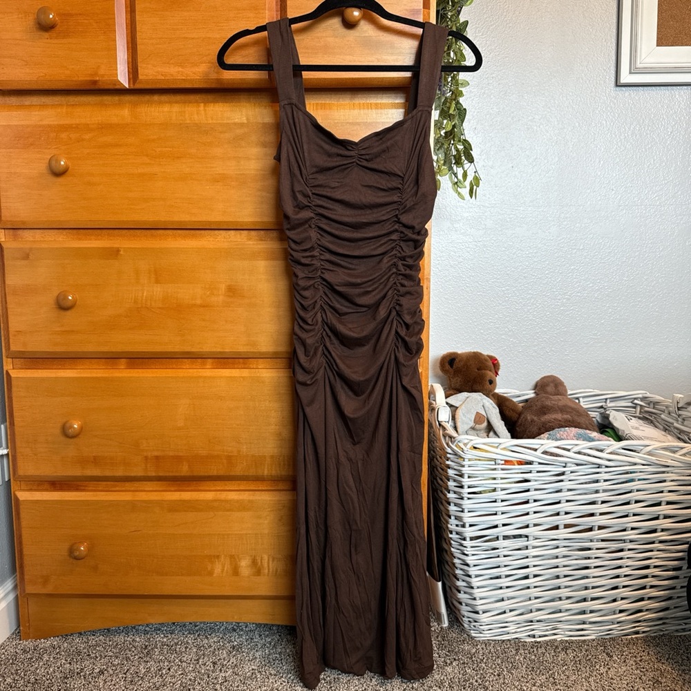 Brown Ruched Midi Dress